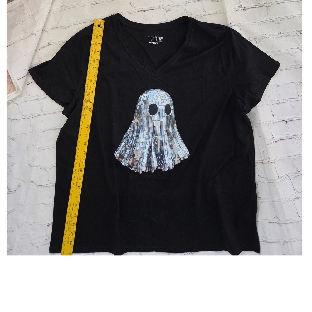 Time and Tru Womens XXXL Black Disco Ball Ghost V-Neck Short Sleeve Graphic Tee